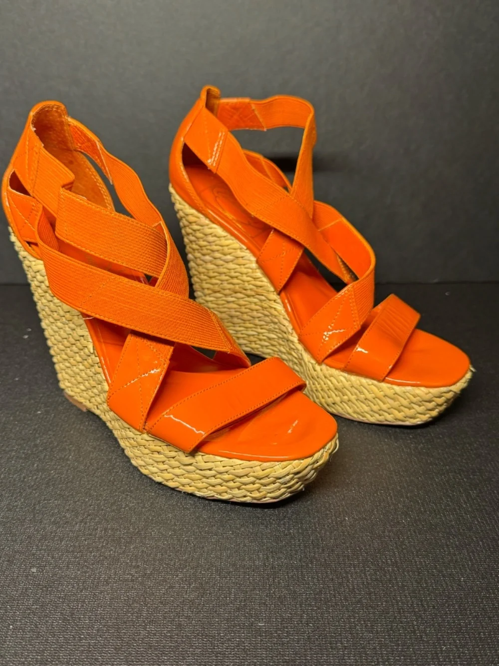 Curations Orange Patent Raffia Platform Wedge Sandals 6M Tropical Resort